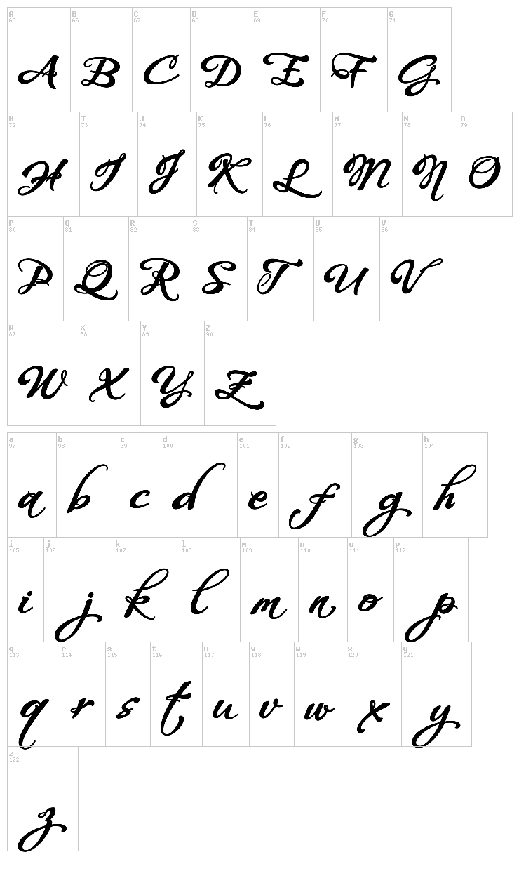 Whispers Calligraphy font map